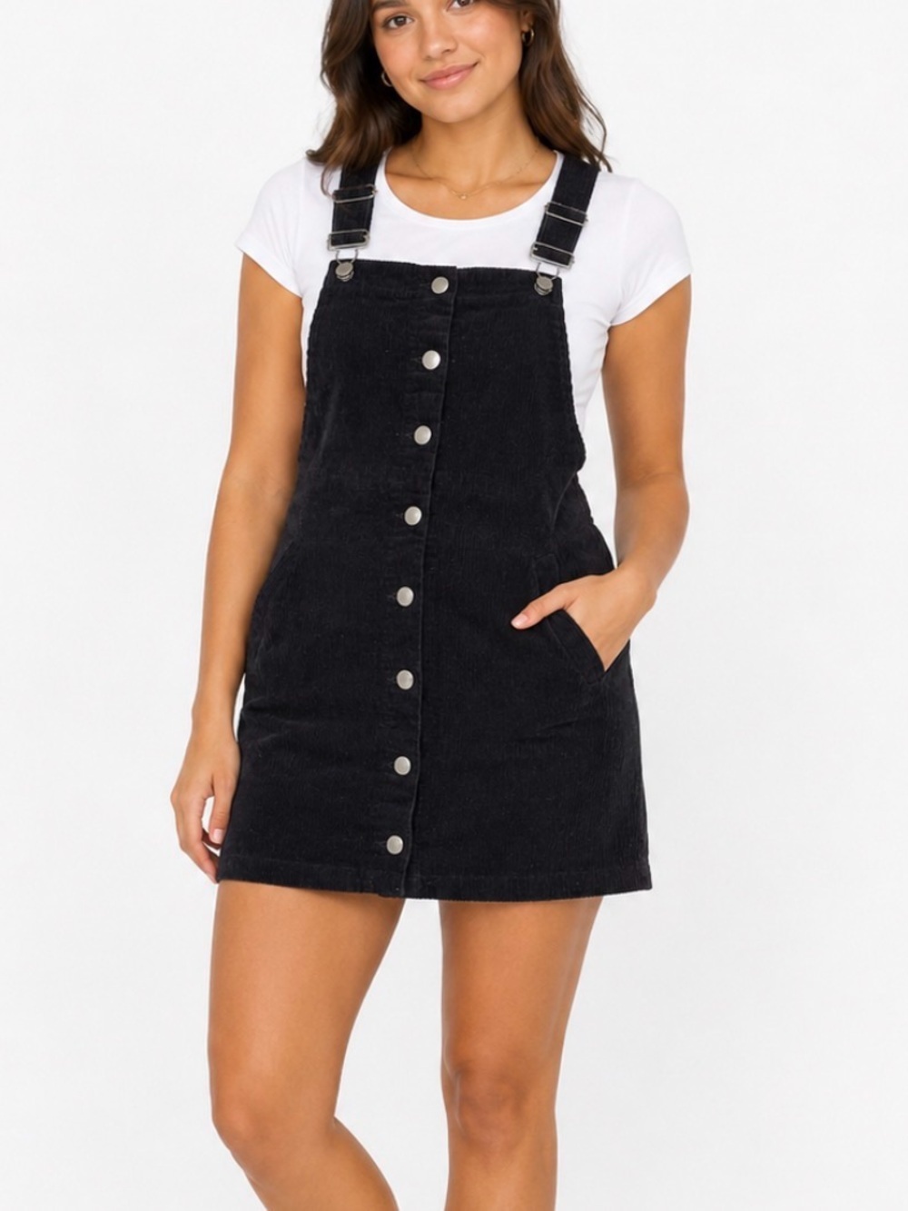 Mi'Ami Black Corduroy Button-Front Pinafore Dress overall dress SZ MD